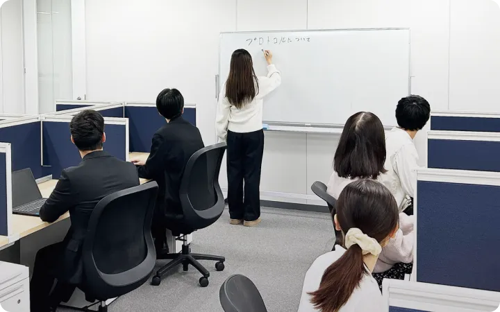 ホワイドボードに書き込んでいる女性社員とそれを見ている写真たち